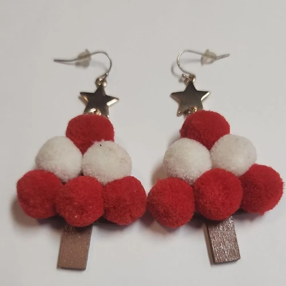 Festive Red and White Pom Pom Tree Earrings